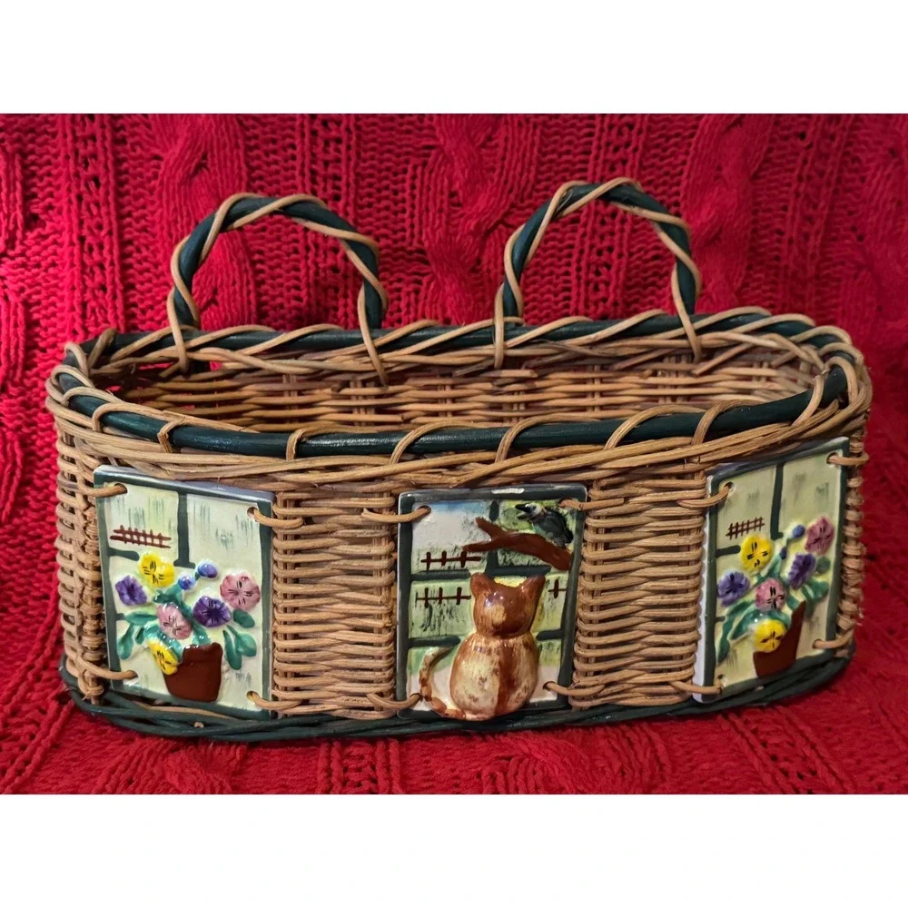 Vintage Wicker Wall Hanging Basket 3D Ceramic Cat and Floral Tiles Cottagecore